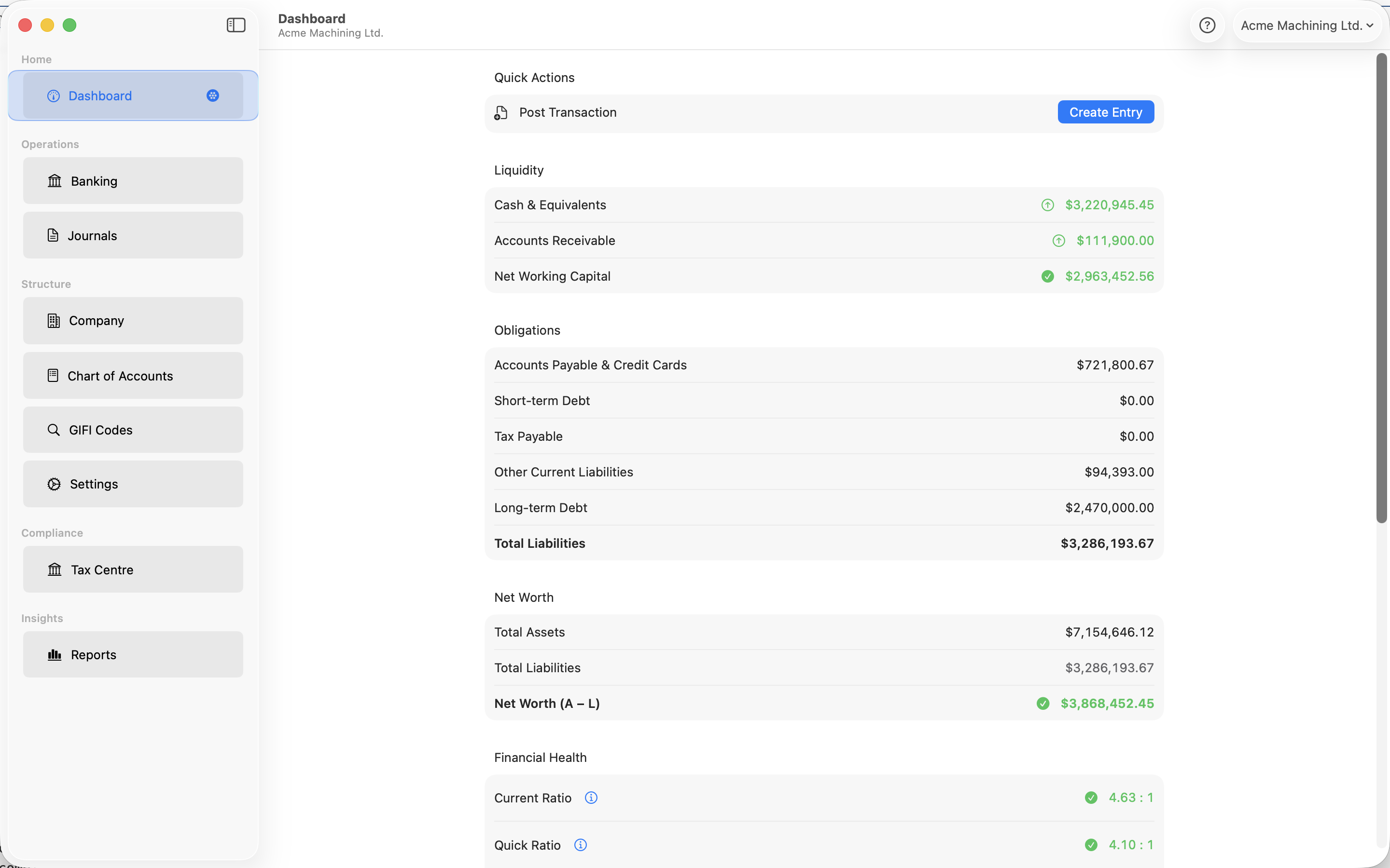 GIFI Books dashboard showing quick actions, liquidity, liabilities, and net worth metrics for a company