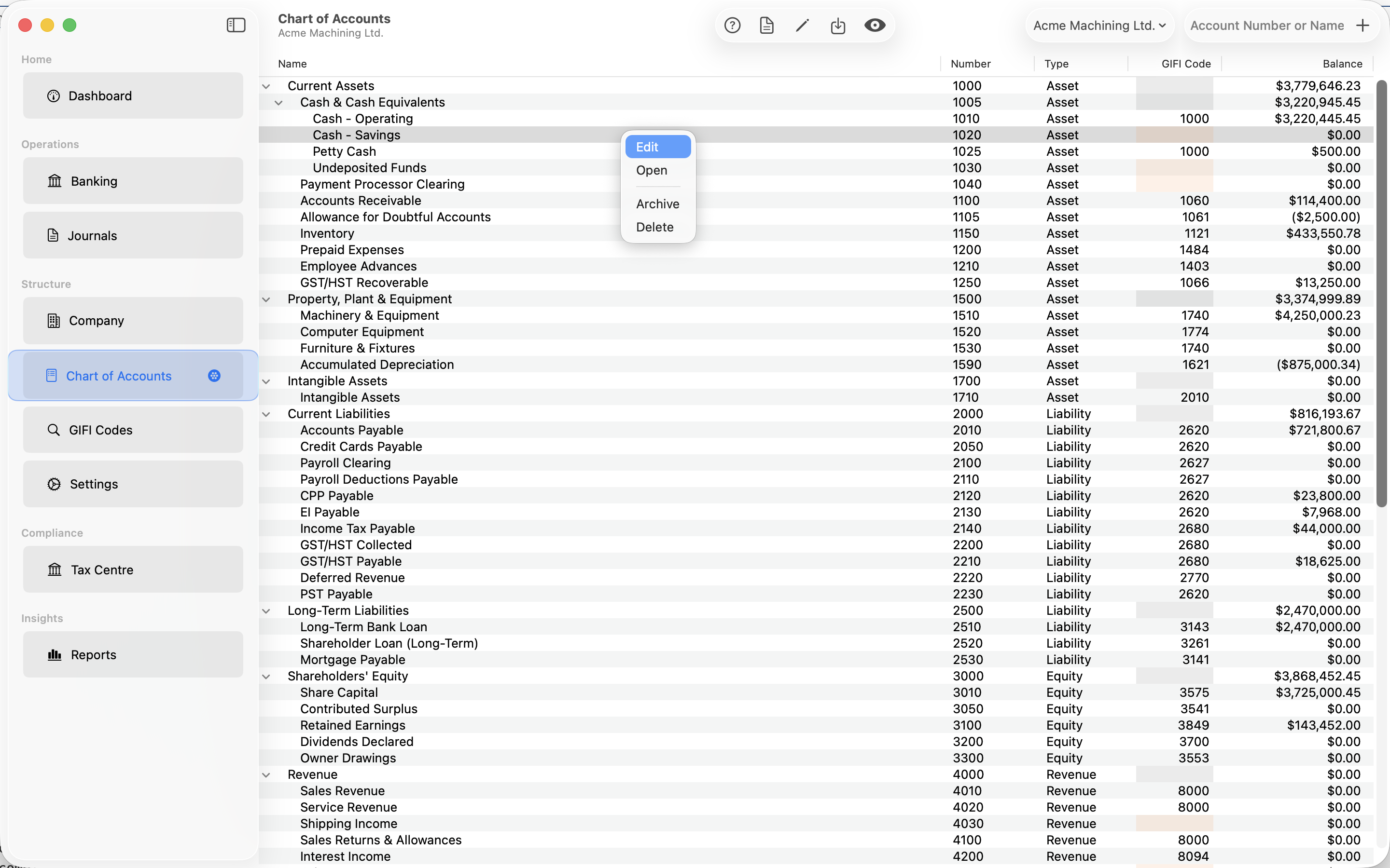 GIFI Books chart of accounts with account numbers, balances, and assigned GIFI codes